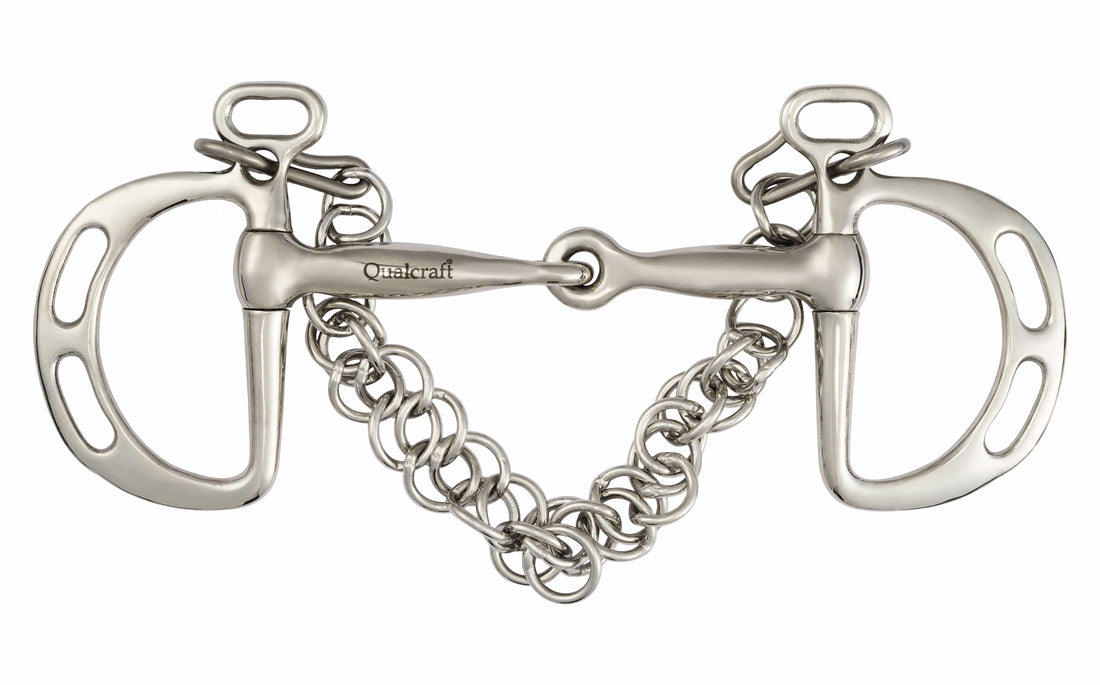 Qualcraft English > Kimberwick 125mm Stainless Steel Uxter Kimberwick Bit, Stainless Steel Snaffle Mouth, 12mm Thickness, w/Hooks & Chain