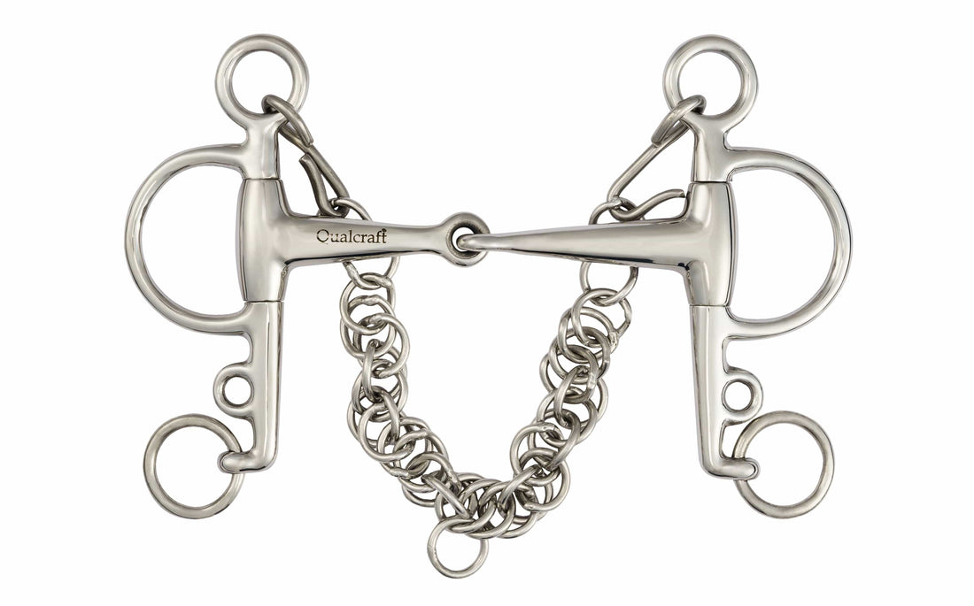 Qualcraft English > Pelham Stainless Steel Jointed Eggbutt Pelham, Stainless Steel Single Jointed Mouth, 16mm Thickness, with Hooks & Chain
