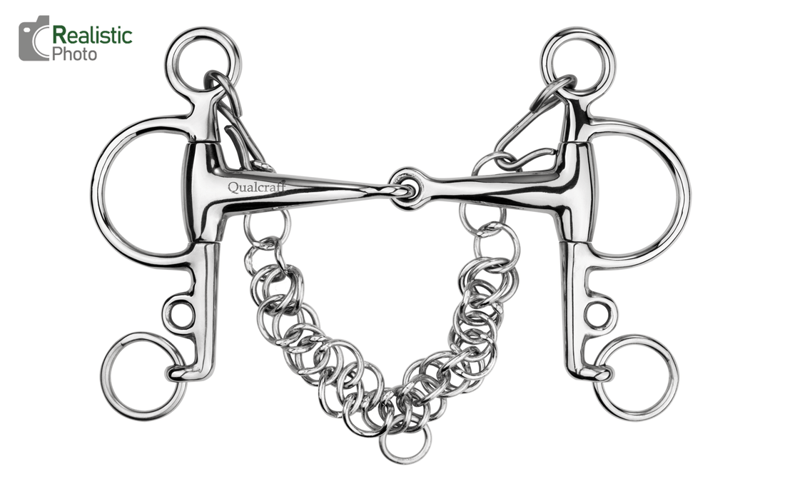 Qualcraft English > Pelham Stainless Steel Jointed Eggbutt Pelham, Stainless Steel Single Jointed Mouth, 16mm Thickness, with Hooks & Chain